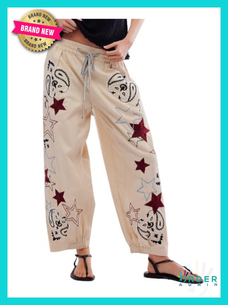 Mid Rise Barrel Starry Print Wide Leg Jeans Embroidered Baggy Boyfriend